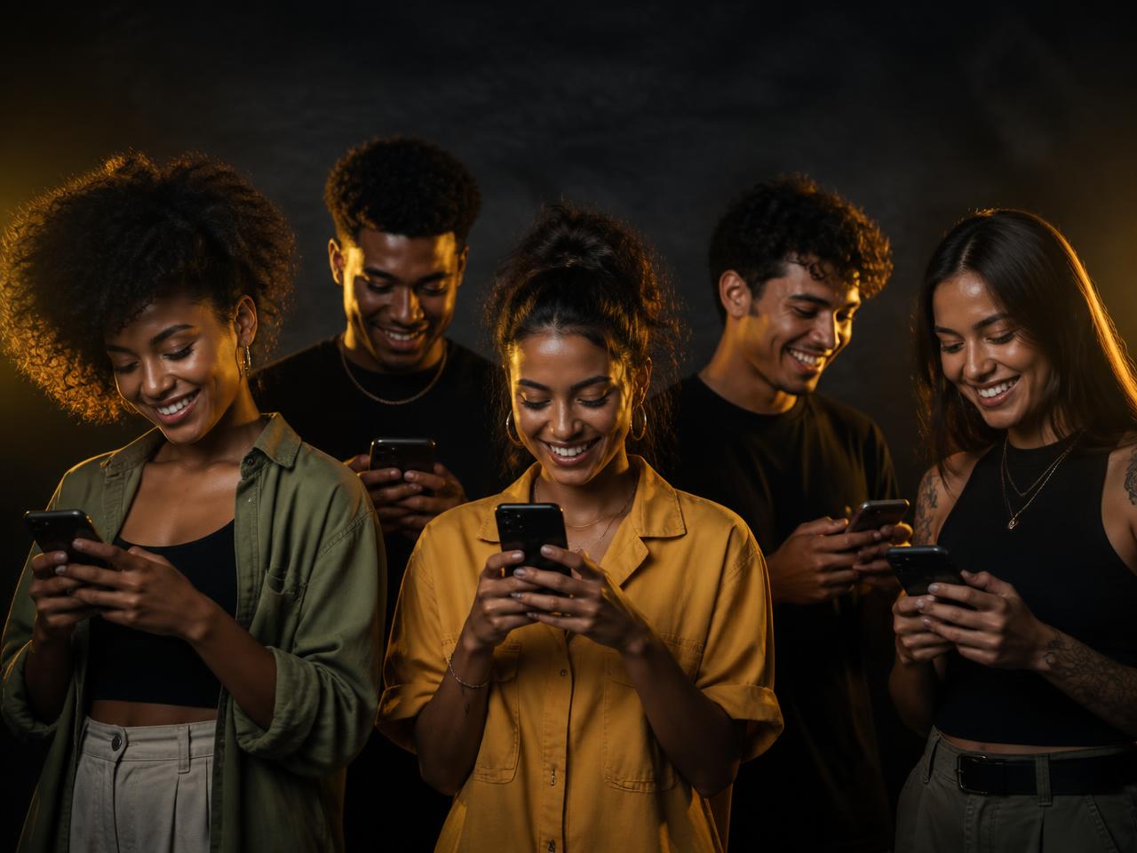 Pessoas sorrindo enquanto usam o celular